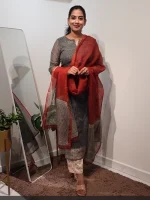 KUS015 - Kota Doria - Unstitched Salwar Sets - Red & Black - Image 3